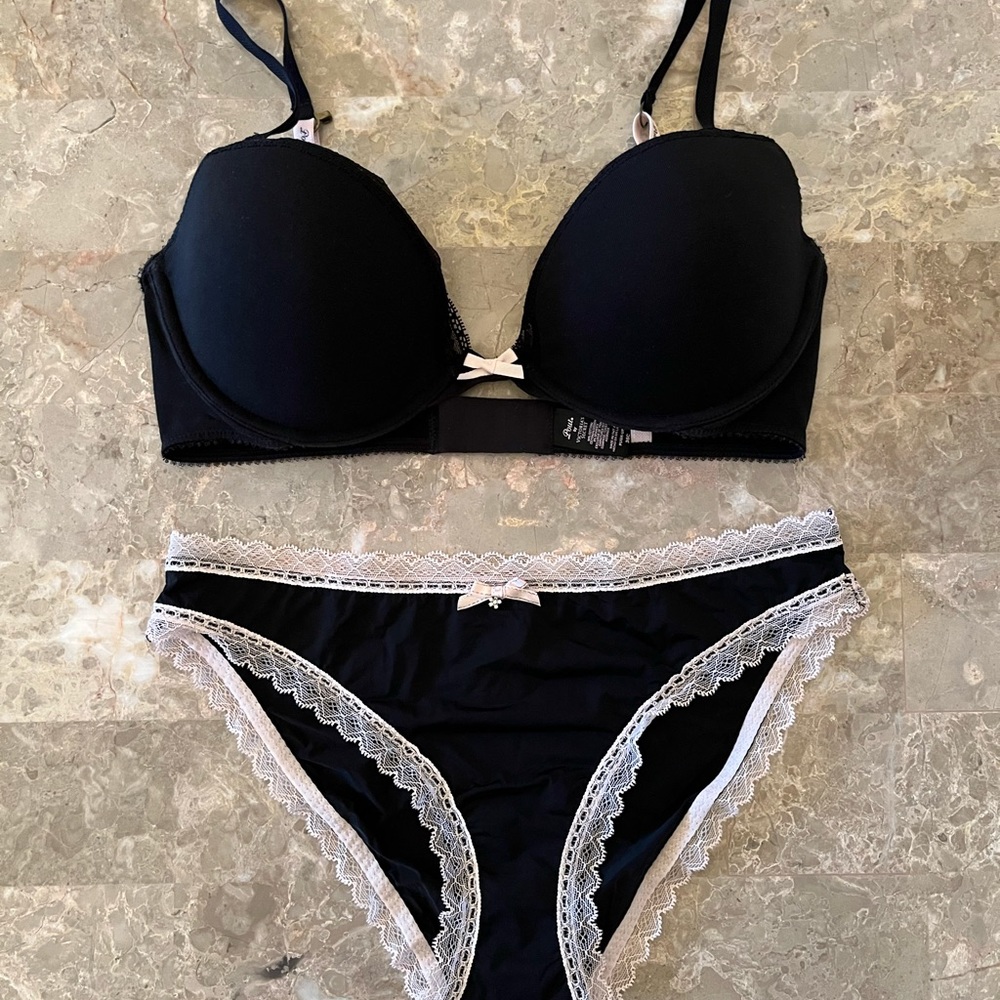 Vintage Victoria’s Secret Pout Black and Pink Lace Bra 36C and Panty